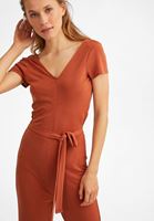 Bayan Kahverengi V Yaka Yumuşak Dokulu Tulum