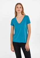 Bayan Mavi V Yaka Yumuşak Dokulu Tişört