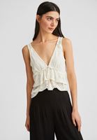 Bayan Krem Fırfır Detaylı Jakarlı Bluz