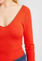 Bayan Kırmızı V Yaka Yarım Kollu Bluz