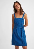 Bayan Mavi Düğme Detaylı Çizgili Elbise