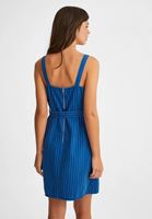 Bayan Mavi Düğme Detaylı Çizgili Elbise