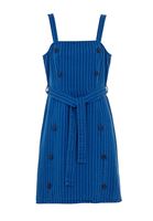 Bayan Mavi Düğme Detaylı Çizgili Elbise