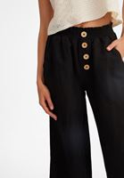 Bayan Siyah Keten Karışımlı Bol Pantolon
