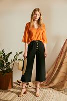 Bayan Siyah Keten Karışımlı Bol Pantolon