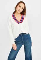 Bayan Krem V Yaka Çizgi Detaylı Triko