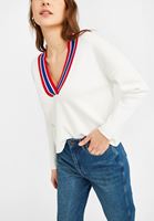 Bayan Krem V Yaka Çizgi Detaylı Triko