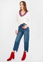 Bayan Krem V Yaka Çizgi Detaylı Triko