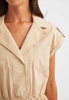 Bayan Krem Gömlek Yaka Pamuklu Mini Elbise