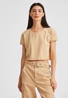 Bayan Krem Yırtık Detaylı Kısa Tişört