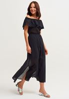 Bayan Siyah Yırtmaç Detaylı Uzun Elbise