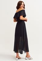 Bayan Siyah Yırtmaç Detaylı Uzun Elbise