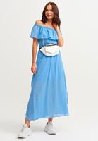 Bayan Mavi Yırtmaç Detaylı Uzun Elbise