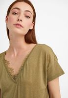 Bayan Yeşil V Yaka Dantel Detaylı Tişört