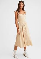 Bayan Krem Düğmeli Midi Elbise