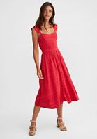 Bayan Kırmızı Düğmeli Midi Elbise