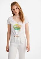 Bayan Beyaz Bağlama Detaylı Baskılı Tişört