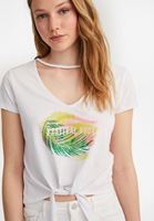 Bayan Beyaz Bağlama Detaylı Baskılı Tişört