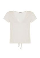 Bayan Krem Bağlama Detaylı Kısa Kollu Bluz