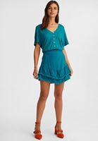 Bayan Mavi Beli Lastikli Crop Bluz