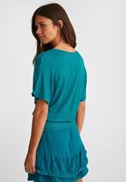 Bayan Mavi Beli Lastikli Crop Bluz