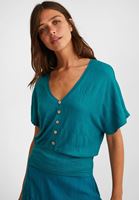 Bayan Mavi Beli Lastikli Crop Bluz