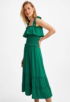 Bayan Yeşil Fırfır Detaylı Uzun Elbise