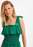 Bayan Yeşil Fırfır Detaylı Uzun Elbise