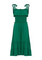 Bayan Yeşil Fırfır Detaylı Uzun Elbise