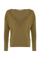 Bayan Yeşil V Yaka Cut Out Detaylı Kazak