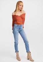 Bayan Turuncu Açık Omuzlu V Yaka Triko Kazak