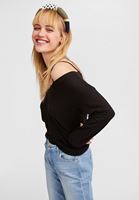 Bayan Siyah Açık Omuzlu V Yaka Triko Kazak