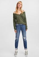 Bayan Yeşil Açık Omuzlu V Yaka Triko Kazak