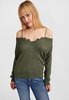 Bayan Yeşil Açık Omuzlu V Yaka Triko Kazak