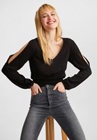 Bayan Siyah Kol Detaylı Beli Lastikli Bluz