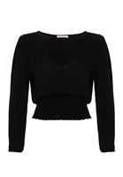 Bayan Siyah Kol Detaylı Beli Lastikli Bluz