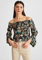 Bayan Siyah Açık Omuzlu Çiçek Desenli Bluz