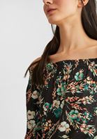 Bayan Siyah Açık Omuzlu Çiçek Desenli Bluz
