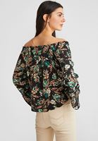 Bayan Siyah Açık Omuzlu Çiçek Desenli Bluz