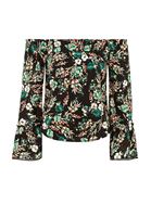 Bayan Siyah Açık Omuzlu Çiçek Desenli Bluz