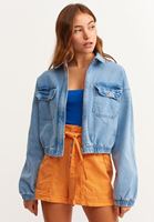 Bayan Mavi Balon Kollu Denim Crop Ceket