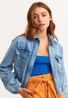 Bayan Mavi Balon Kollu Denim Crop Ceket