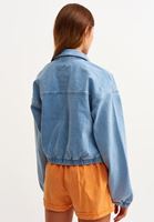 Bayan Mavi Balon Kollu Denim Crop Ceket