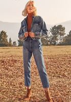 Bayan Mavi Balon Kollu Denim Crop Ceket