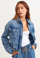 Bayan Mavi Balon Kollu Denim Crop Ceket