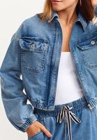 Bayan Mavi Balon Kollu Denim Crop Ceket