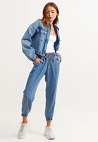 Bayan Mavi Balon Kollu Denim Crop Ceket