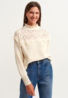 Bayan Krem Romantik Nakışlı Triko
