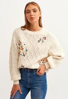 Bayan Krem Çiçek İşlemeli Bisiklet Yaka Triko