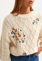 Bayan Krem Çiçek İşlemeli Bisiklet Yaka Triko